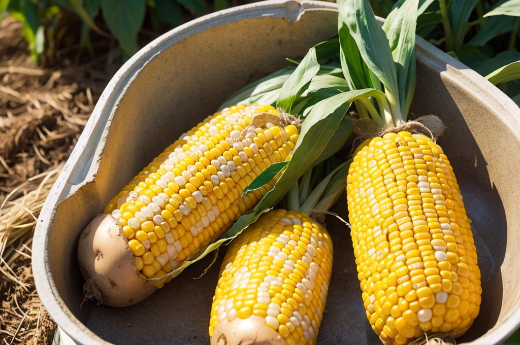 Harvested potatoes and corn