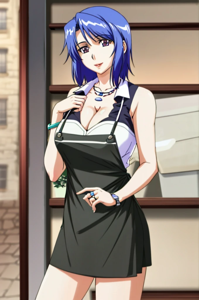 ((best quality)), ((highly detailed)), masterpiece, (detailed eyes, deep eyes), (1girl), cowboy shot, mai_katsuragi, short hair, purple eyes, white sleeveless shirt, apron, black miniskirt, necklace, jewelry, 1girl, bracelet, breasts, black hair, miniskirt, long hair, cleavage, blurry, lips, large breasts, necklace, watch, depth of field, ring, standing, realistic, solo, blurry background, sweet smile, Office suit