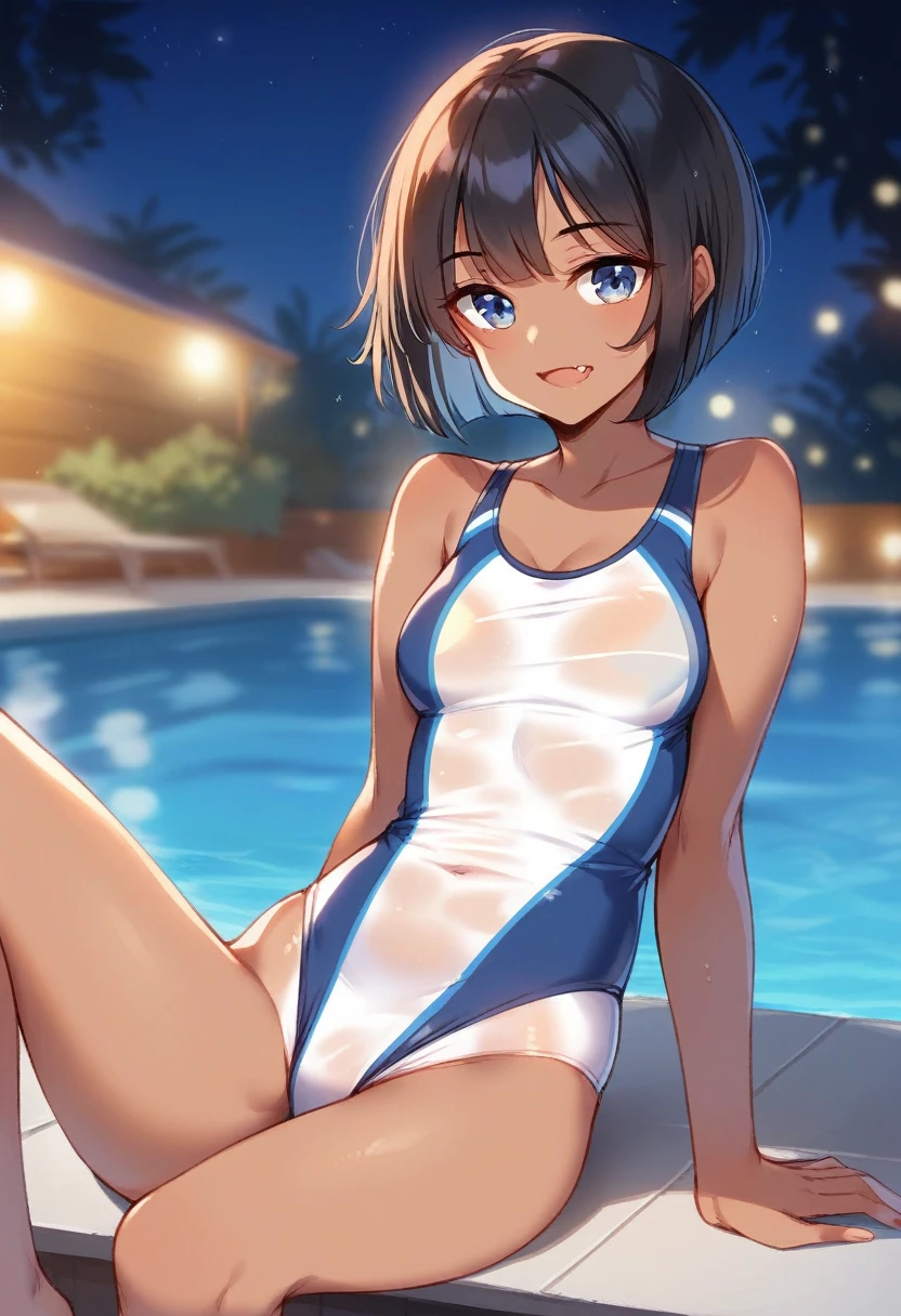 BREAK Perfect Anatomy、(High resolution:1.2)、Incredible illustrations、(Cute illustrations:1.2)、(nsfw)(dynamic angle,) 
（Beautiful background（poolside at night
）single focus)
1girl(Black hair, bob cut, tanned skin: 1.3,blue eyes,fang)1girl((a girl,slender 1.7meters, 45kg,
((Competitive swimsuit),,see through,,)
