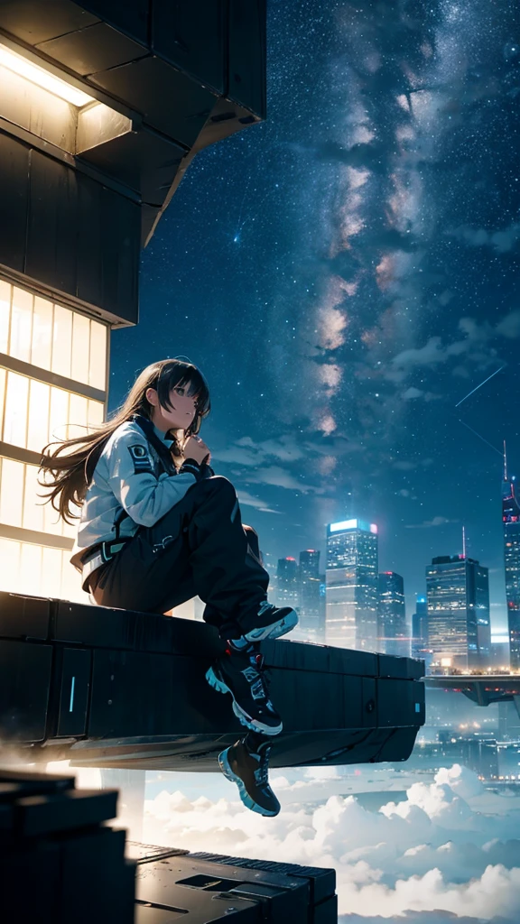 Octane, null, star (null), scenery, Blue Parakeet,starry null, night, One girl, night null, alone, Outdoor, Blue Parakeet,building, cloud, milky way, Sitting, wood, Long Hair, I have an acoustic guitar.,city, silhouette, cityscape