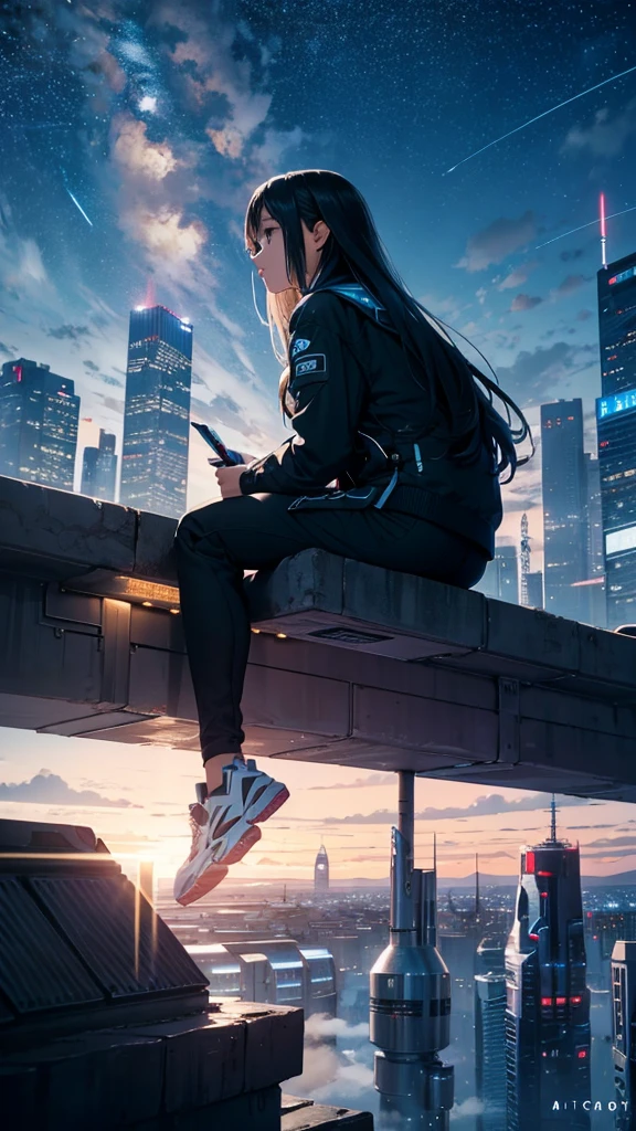 octane, Sky, Star (Sky), landscape, Starry sky, night, 1 Girl, Night Sky, Solitary, outdoor, architecture, cloud, Milky Way, sitting, Tree, Long hair, City, Cityscape, best quality, 8K
