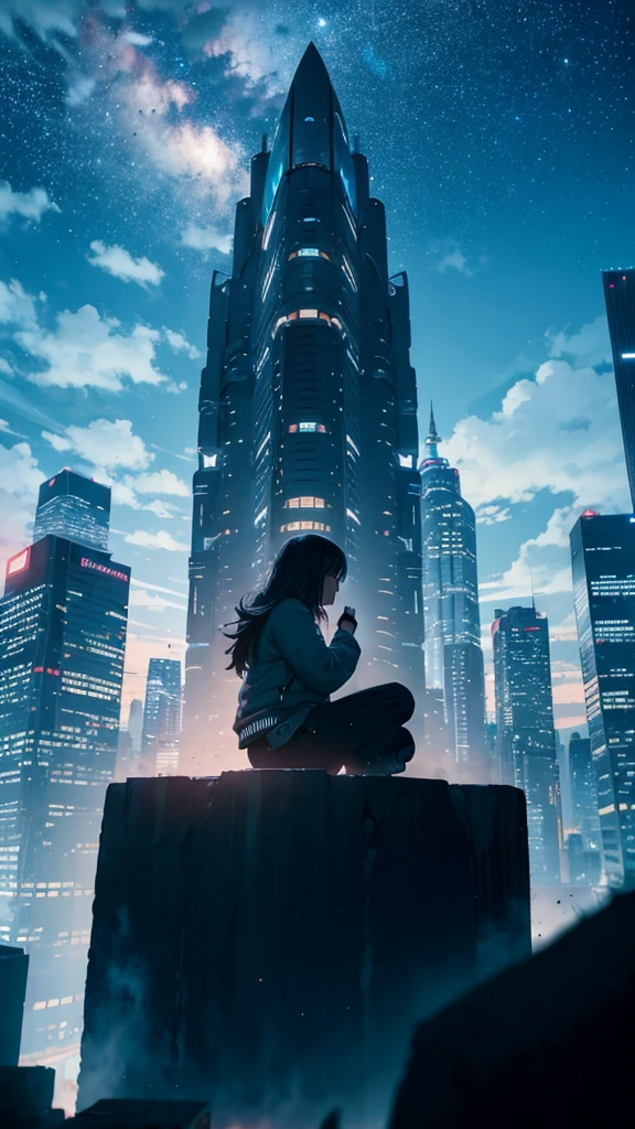 octane, Sky, Star (Sky), landscape, Starry sky, night, 1 Girl, Night Sky, Solitary, outdoor, architecture, cloud, Milky Way, sitting, Tree, Long hair, City, Cityscape, best quality, 8K