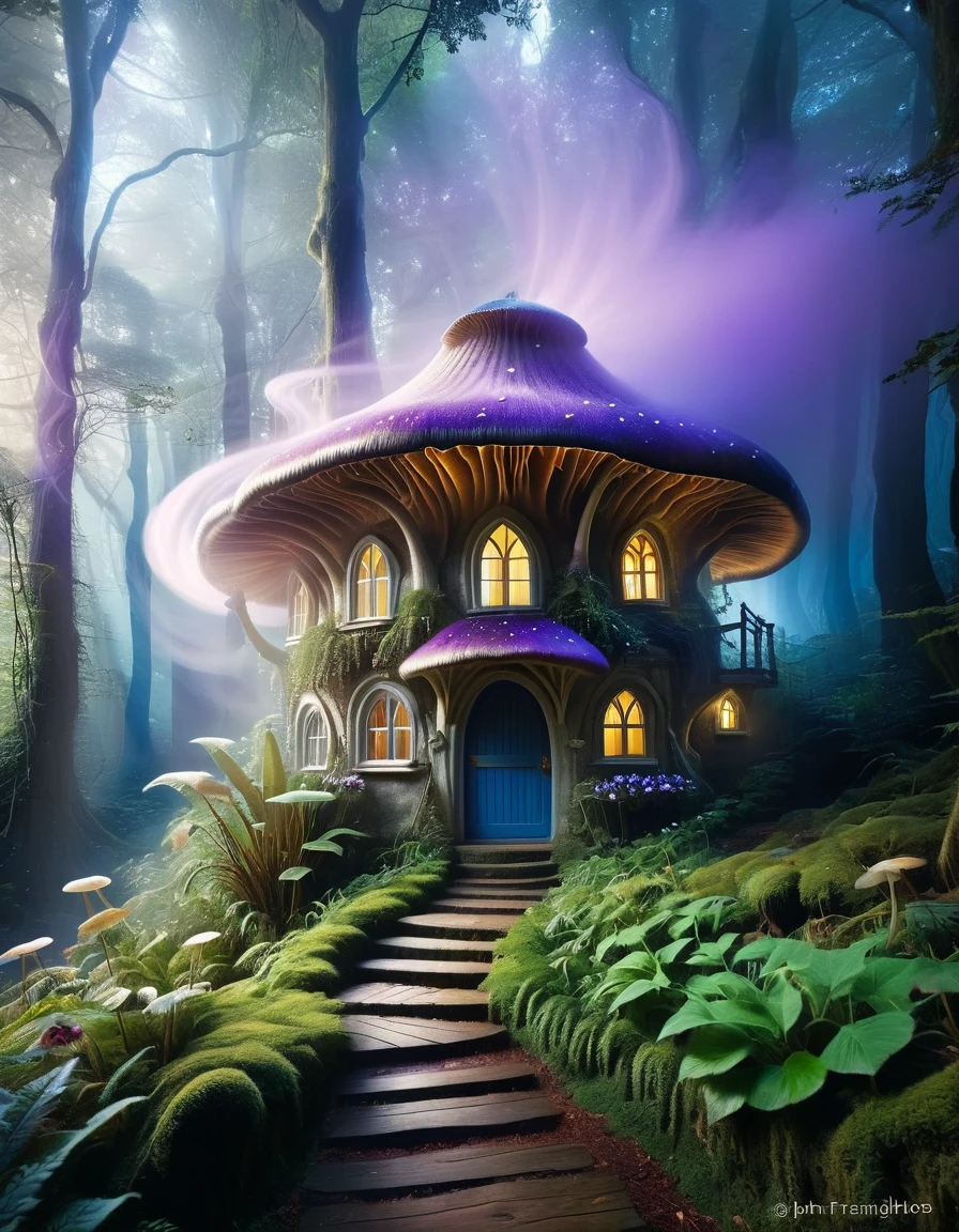 A whimsical and enchanting mushroom cottage stands in a mystical forest, enveloped in swirling, magical mist. The cottage is formed from a giant mushroom with a wide, violet-tinged cap serving as the roof, dotted with smaller mushrooms. The walls of the cottage are made of intricately carved wood, with whimsical windows and a rounded door adorned with rustic details. Warm, golden light spills from the windows, suggesting a cozy interior. The surrounding landscape is lush with vibrant, fantastical plants and fungi, creating a surreal and magical atmosphere. The sky is dark, enhancing the glow from the cottage and the ethereal mist that dances around it. The overall scene exudes a sense of fairy-tale charm and mystical wonder, inviting viewers into a magical woodland realm. Hyper realistic photo, 16k

Art Styles:
Fantasy Art
Surrealism
Digital Painting
Artists Referenced:
Brian Froud (for the detailed and whimsical fairy-tale elements)
John Howe (for the rich, fantastical environment)
Categories:
Fantasy
Nature
Architecture
Magical Realism