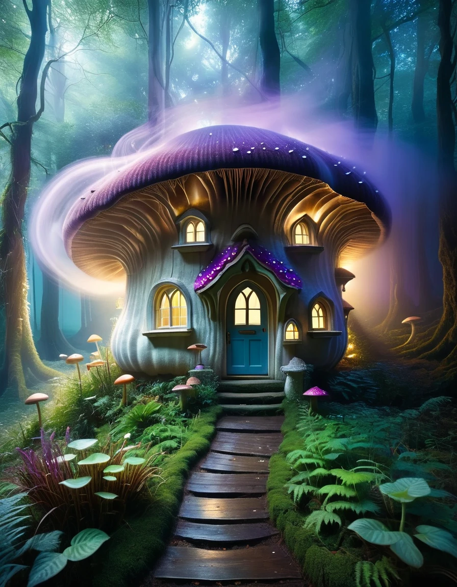 A whimsical and enchanting mushroom cottage stands in a mystical forest, enveloped in swirling, magical mist. The cottage is formed from a giant mushroom with a wide, violet-tinged cap serving as the roof, dotted with smaller mushrooms. The walls of the cottage are made of intricately carved wood, with whimsical windows and a rounded door adorned with rustic details. Warm, golden light spills from the windows, suggesting a cozy interior. The surrounding landscape is lush with vibrant, fantastical plants and fungi, creating a surreal and magical atmosphere. The sky is dark, enhancing the glow from the cottage and the ethereal mist that dances around it. The overall scene exudes a sense of fairy-tale charm and mystical wonder, inviting viewers into a magical woodland realm. Hyper realistic photo, 16k

Art Styles:
Fantasy Art
Surrealism
Digital Painting
Artists Referenced:
Brian Froud (for the detailed and whimsical fairy-tale elements)
John Howe (for the rich, fantastical environment)
Categories:
Fantasy
Nature
Architecture
Magical Realism