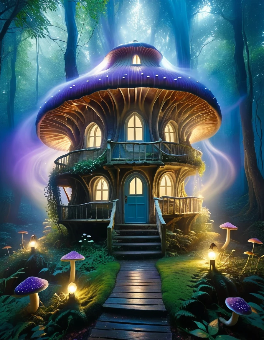 A whimsical and enchanting mushroom cottage stands in a mystical forest, enveloped in swirling, magical mist. The cottage is formed from a giant mushroom with a wide, violet-tinged cap serving as the roof, dotted with smaller mushrooms. The walls of the cottage are made of intricately carved wood, with whimsical windows and a rounded door adorned with rustic details. Warm, golden light spills from the windows, suggesting a cozy interior. The surrounding landscape is lush with vibrant, fantastical plants and fungi, creating a surreal and magical atmosphere. The sky is dark, enhancing the glow from the cottage and the ethereal mist that dances around it. The overall scene exudes a sense of fairy-tale charm and mystical wonder, inviting viewers into a magical woodland realm. Hyper realistic photo, 16k

Art Styles:
Fantasy Art
Surrealism
Digital Painting
Artists Referenced:
Brian Froud (for the detailed and whimsical fairy-tale elements)
John Howe (for the rich, fantastical environment)
Categories:
Fantasy
Nature
Architecture
Magical Realism