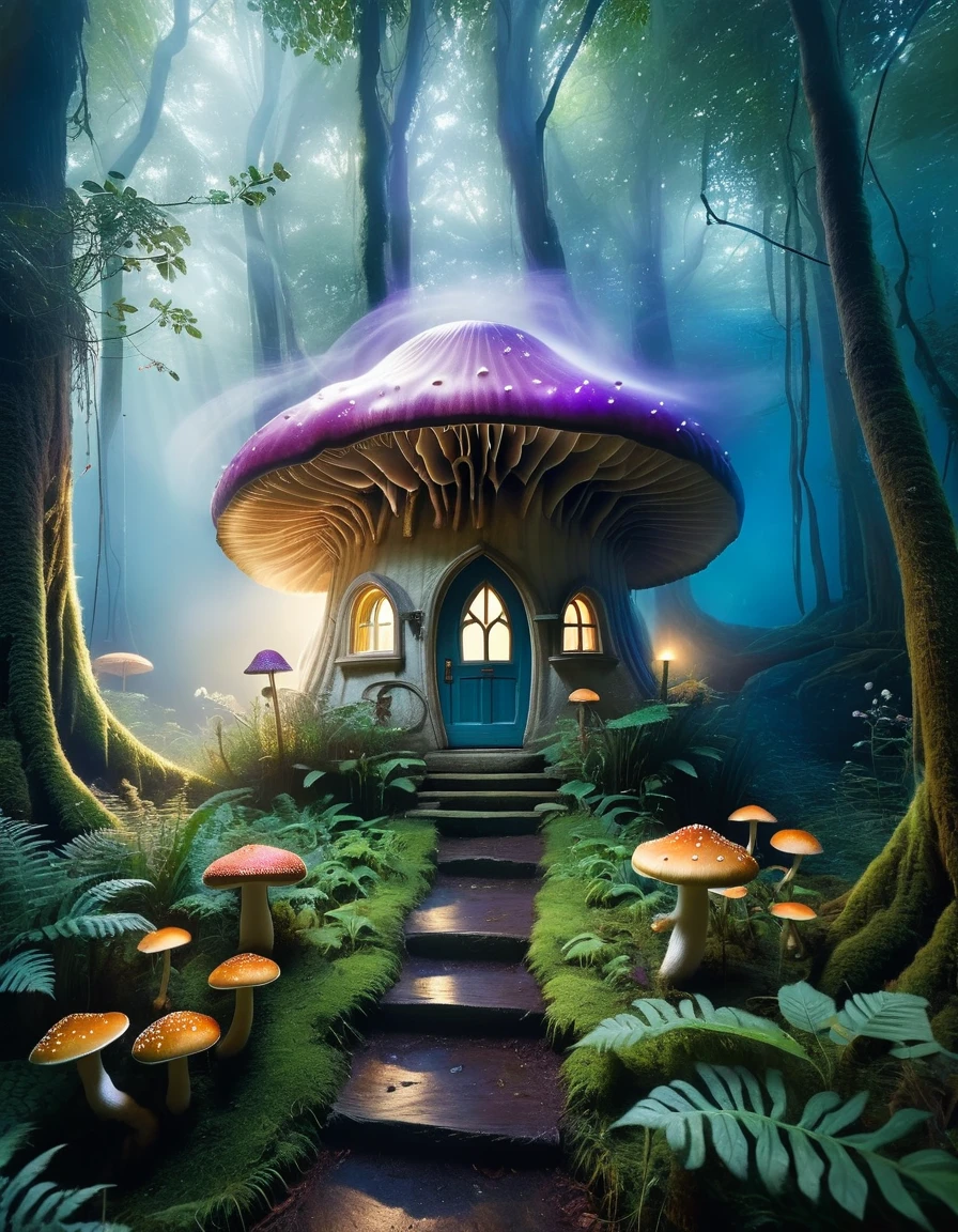 A whimsical and enchanting mushroom cottage stands in a mystical forest, enveloped in swirling, magical mist. The cottage is formed from a giant mushroom with a wide, violet-tinged cap serving as the roof, dotted with smaller mushrooms. The walls of the cottage are made of intricately carved wood, with whimsical windows and a rounded door adorned with rustic details. Warm, golden light spills from the windows, suggesting a cozy interior. The surrounding landscape is lush with vibrant, fantastical plants and fungi, creating a surreal and magical atmosphere. The sky is dark, enhancing the glow from the cottage and the ethereal mist that dances around it. The overall scene exudes a sense of fairy-tale charm and mystical wonder, inviting viewers into a magical woodland realm. Hyper realistic photo, 16k

Art Styles:
Fantasy Art
Surrealism
Digital Painting
Artists Referenced:
Brian Froud (for the detailed and whimsical fairy-tale elements)
John Howe (for the rich, fantastical environment)
Categories:
Fantasy
Nature
Architecture
Magical Realism