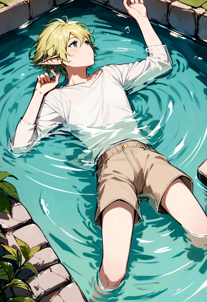An elven man floating in water wearing only a simple white shirt and simple beige shorts,blonde elf man,Short Hair,Beautiful Water,Floating,relax,juvenile,youth,Pond surrounded by cobblestones