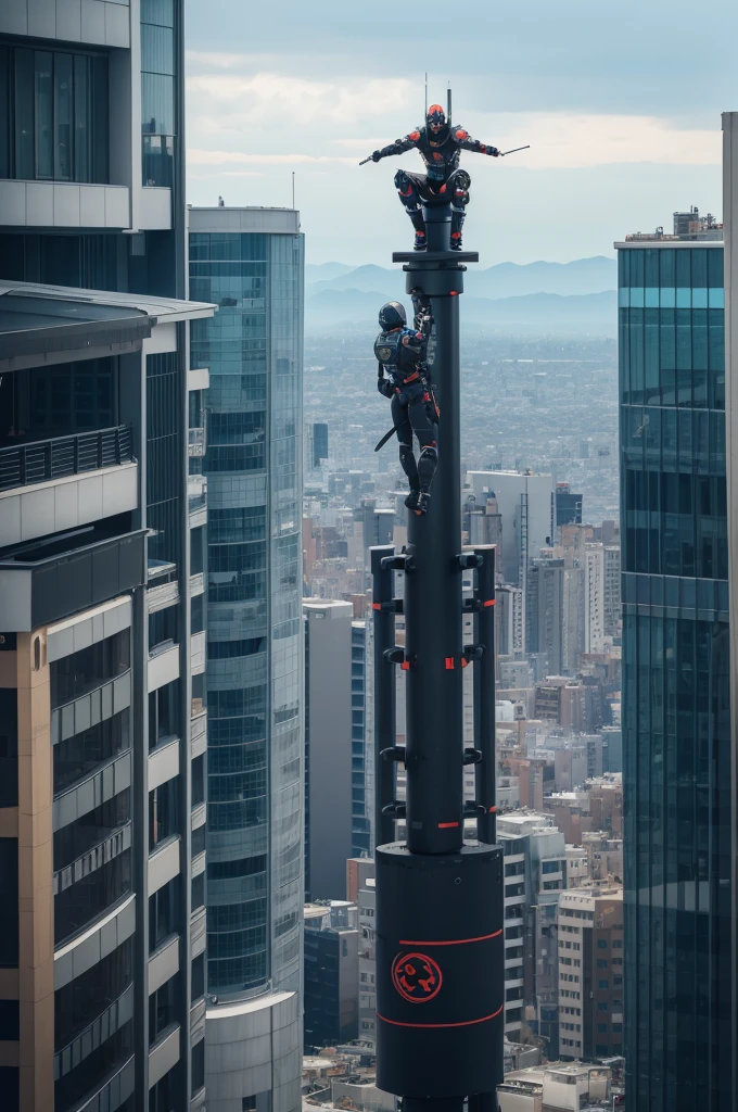 Create a futuristic ninja robot on top of a pole looking out over the crowded city