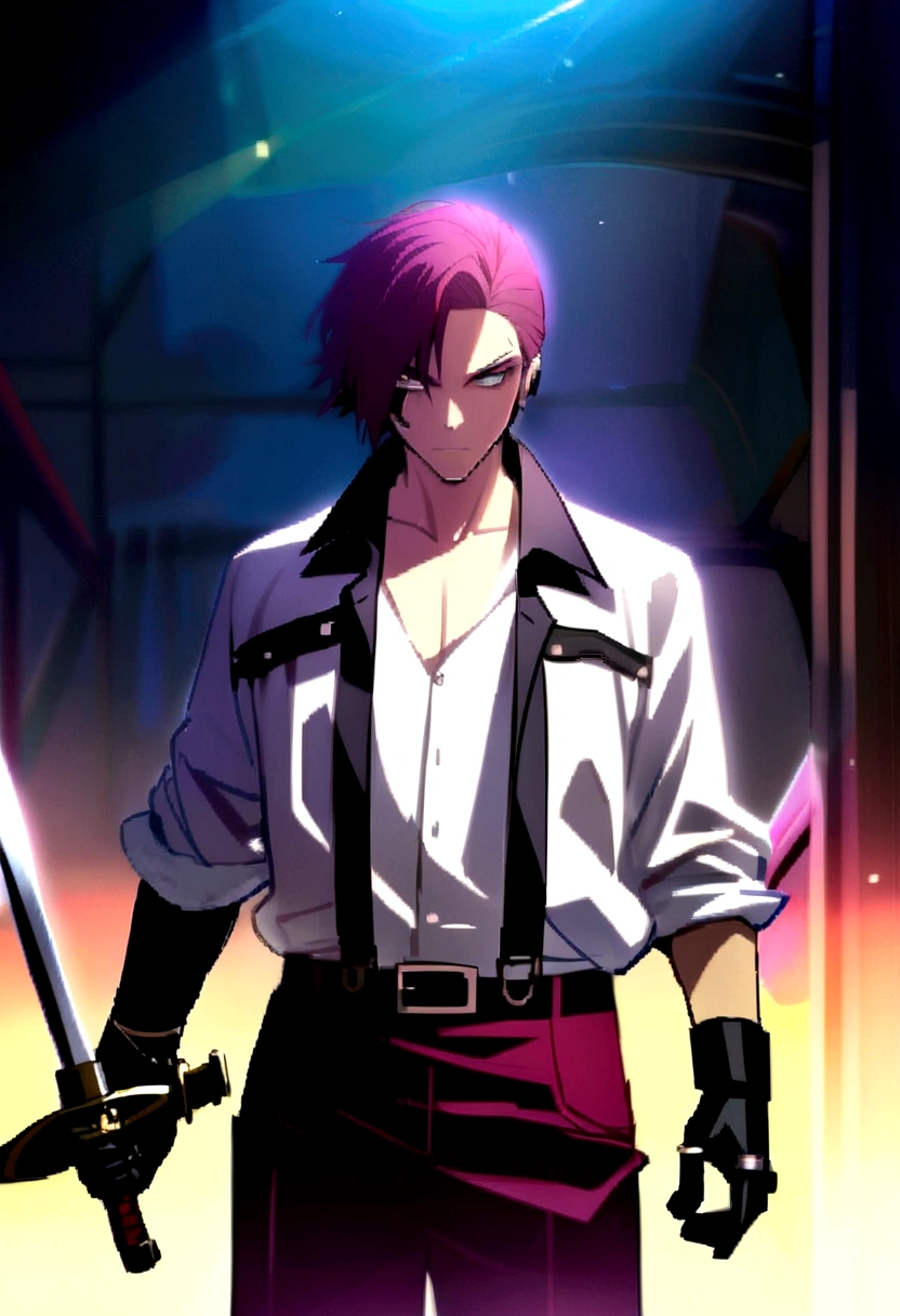 Maroon hair, male, gangster, sword, cyborg eye, 2 swords
