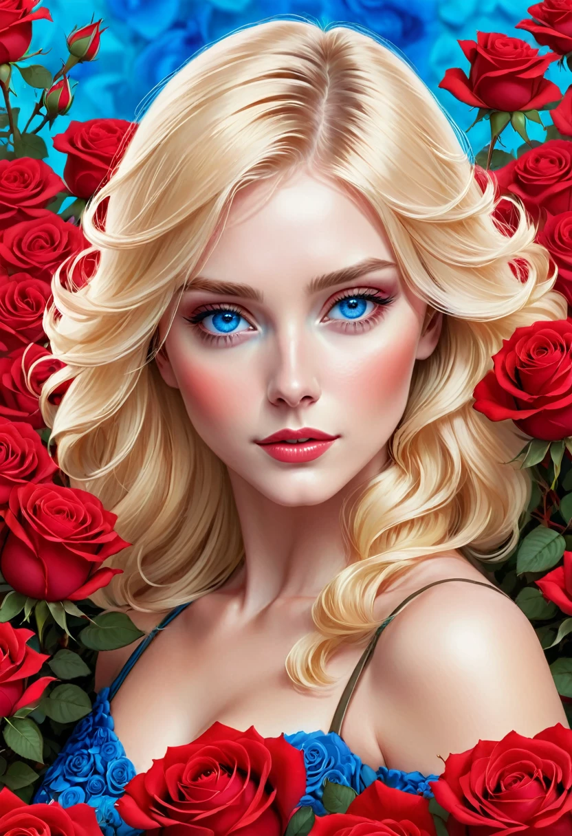  The image is a digital artwork featuring a woman with blonde hair and blue eyes, who is surrounded by a multitude of red roses.