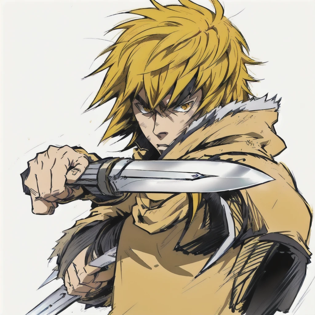 anime character with yellow hair holding a knife in his hand, kentaro miura manga art style, portrait of ninja slayer, key anime art, best anime character design, ichigo kurosaki, badass pose, advanced digital anime art ”, striking manga artstyle, high quality colored sketch, trigger anime artstyle, dio brando, shigenori soejima illustration, thorfinn