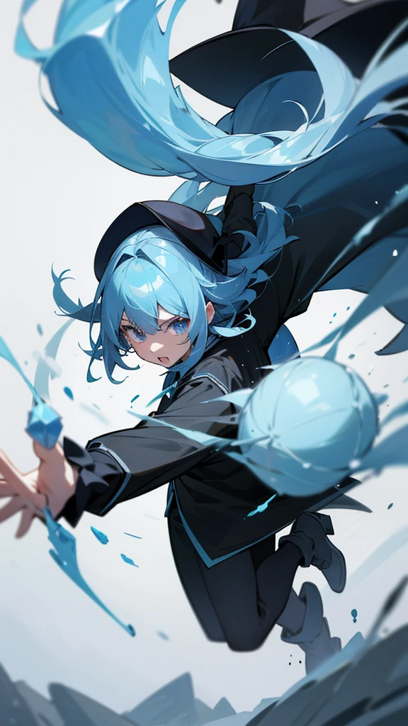 high resolution、The Witch Who Controls Ice。Dynamic battle scenes。Casting a Spell。Overall blue image