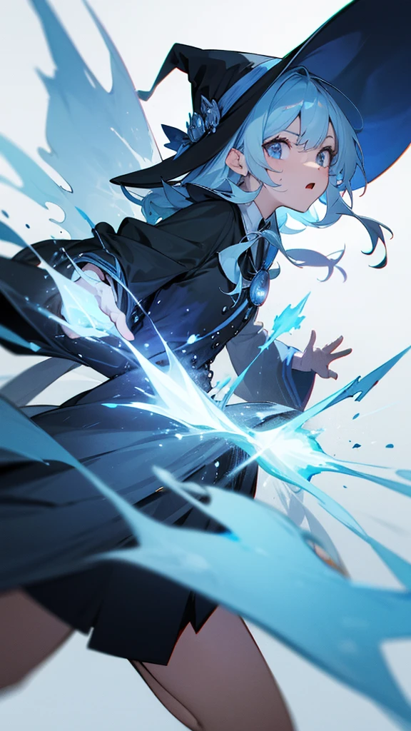 high resolution、The Witch Who Controls Ice。Dynamic battle scenes。Casting a Spell。Overall blue image