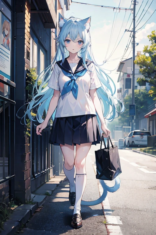 masutepiece,Best quality,ultra - detailed,Two hands,Two legs,Five fingers,best faces,1 girl,light blue long hair,timid,Cat ears,pale blue color eyes, Height 145 cm,,Cat tail,Baby face,timid,a sailor suit,White T-Shirts,a black skirt,White socks,Holding a bag in his hand,Clothes wet with sweat,exhausted face,school,walking down a road,heat haze