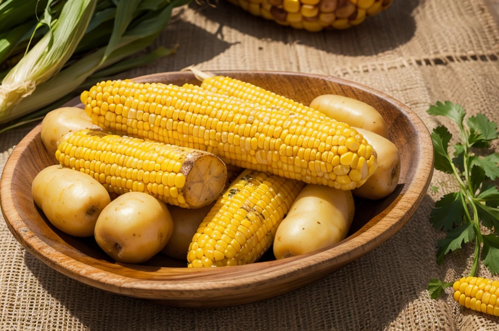 Harvested potatoes and corn