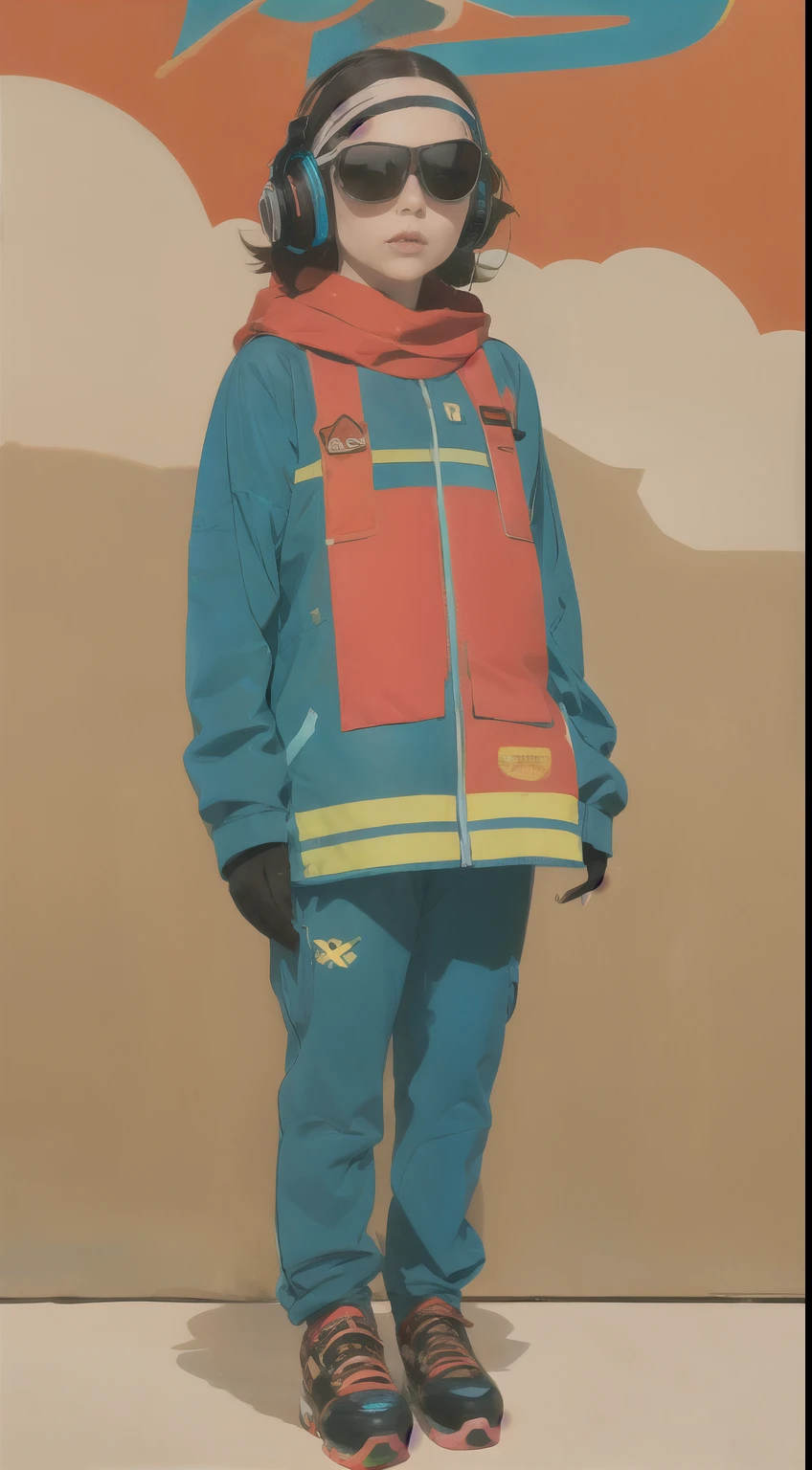 short woman, (ultra detailed,ultra high res,detailed background),((2D)),((2D)),((flat color)),((muted color)),((floating neon)),1girl,solo,looking at viewer, spray paint, graffiti, girl in a colorful fencing suit, long plush scarf, full body image, adult woman, anatomically perfect face, face in focus, symmetrical face, rollerskates, wearing a 1950's scifi helmet with a visor, big sunglasses, carrying a boombox