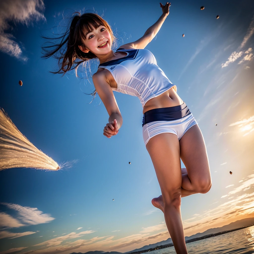 ((ExtremelyDetailed ( KAWAII Girl Floating in the Air:1.37) in WHITE at Dusk Enoshima Beach)), (masterpiece 8K TopQuality) (ProfessionalPhoto:1.37), {(Standing Full Body:1.2)|(from below:1.2)}, Different types of hair colors, {(White skinny(School Swimwear))|(SchoolUniform with WhiteSkinny LowRise shorts)}, {Detailed Childish hand|Hidden hand|Armpit|Different types of breasts of various sizes from HUGE to FLAT|(Clearly Visible the shape of Butt)}, Joyful Expressions LifeLike Rendering, PerfectLighting, Dazzling Horizon {Colorful Clouds | Starry IridescentParticles}