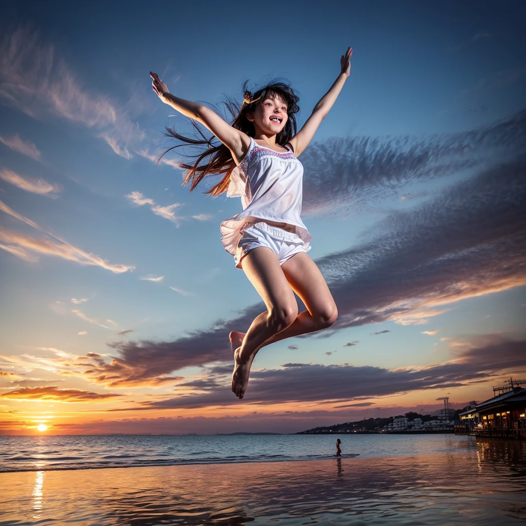 ((ExtremelyDetailed ( KAWAII Girl Floating in the Air:1.37) in WHITE at Dusk Enoshima Beach)), (masterpiece 8K TopQuality) (ProfessionalPhoto:1.37), {(Standing Full Body:1.2)|(from below:1.2)}, Different types of hair colors, {(White skinny(School Swimwear))|(SchoolUniform with WhiteSkinny LowRise shorts)}, {Detailed Childish hand|Hidden hand|Armpit|Different types of breasts of various sizes from HUGE to FLAT|(Clearly Visible the shape of Butt)}, Joyful Expressions LifeLike Rendering, PerfectLighting, Dazzling Horizon {Colorful Clouds | Starry IridescentParticles}