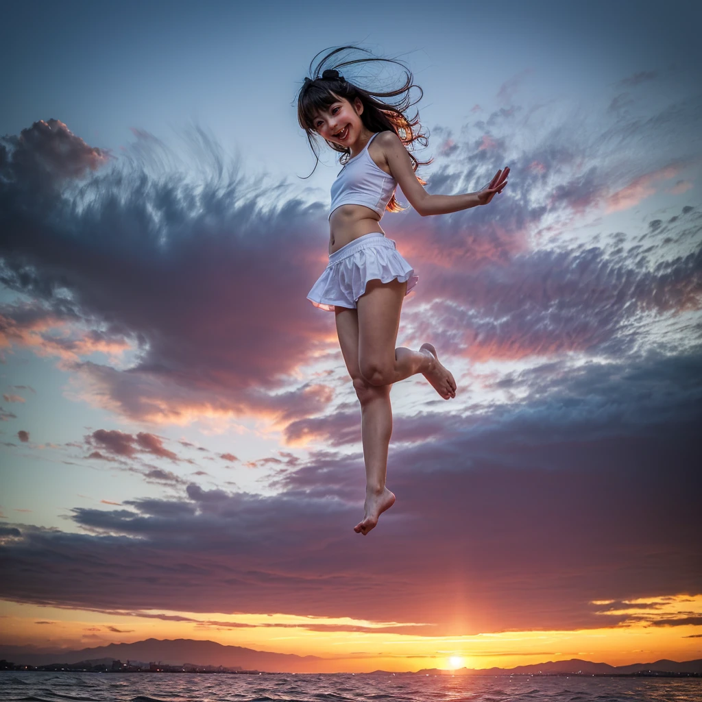 ((ExtremelyDetailed ( KAWAII Girl Floating in the Air:1.37) in WHITE at Dusk Enoshima Beach)), (masterpiece 8K TopQuality) (ProfessionalPhoto:1.37), {(Standing Full Body:1.2)|(from below:1.2)}, Different types of hair colors, {(White skinny(School Swimwear))|(SchoolUniform with WhiteSkinny LowRise shorts)}, {Detailed Childish hand|Hidden hand|Armpit|Different types of breasts of various sizes from HUGE to FLAT|(Clearly Visible the shape of Butt)}, Joyful Expressions LifeLike Rendering, PerfectLighting, Dazzling Horizon {Colorful Clouds | Starry IridescentParticles}