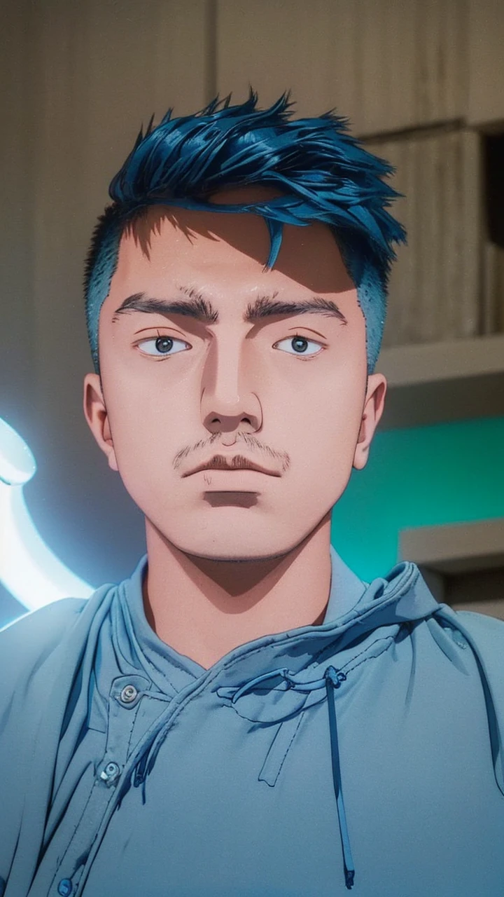 create a picture of a young man with blue hair wearing a black jacket with a blue gradient with a glowing side standing in a stylish pose and a dark background with a white gradient
