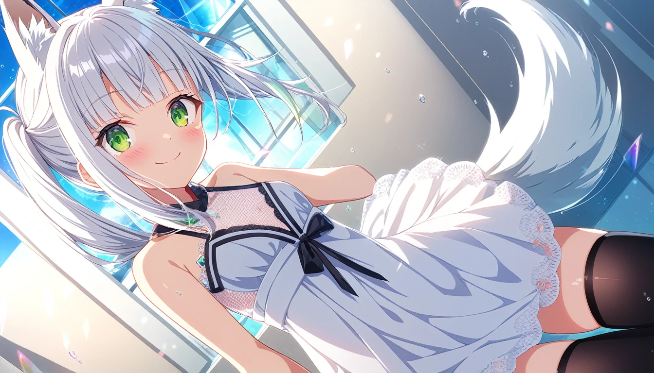 anime artwork (((crystals texture Hair))),((beautiful detailed glass hair)), sparkle, lens flare, 1girl, white hair, solo, thigh highs, side pony tail, black thigh highs, looking at viewer, window, small breast, flat breasts, blush, smile, bangs, anime style, key visual, vibrant, highly detailed, red and green eyes, porcelean skin, fox ears, fox tail, fluffy tail, embarassed, looking up, wet skin, transparant summer dress (0.2), white dress