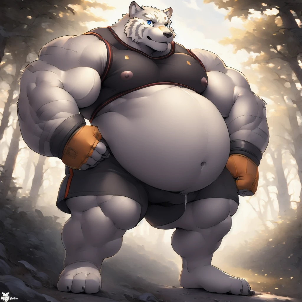 Animal kingdom Tank Hero Academia Shonen Anime style, full body image, Casual, neighborhood style, big obese , in sport clothes, He is a huge obese Sumo in huge obese weight gain process, detailed face, detailed eyes, detailed nose, defined face, big belly, high resolution settings, settings to fix face, high resolution settings, face fix settings, Whismical model, detailed eyes, detailed hands best quality,realistic lighting, male, anthro,muscular, muscular male, solo, bodily fluids, abs, pecs, muscular anthro, hi res, nipples, detailed background, forest, (yohei:1.2), (perfect eyes:1.2),white fur, (ultra detailed paws)
