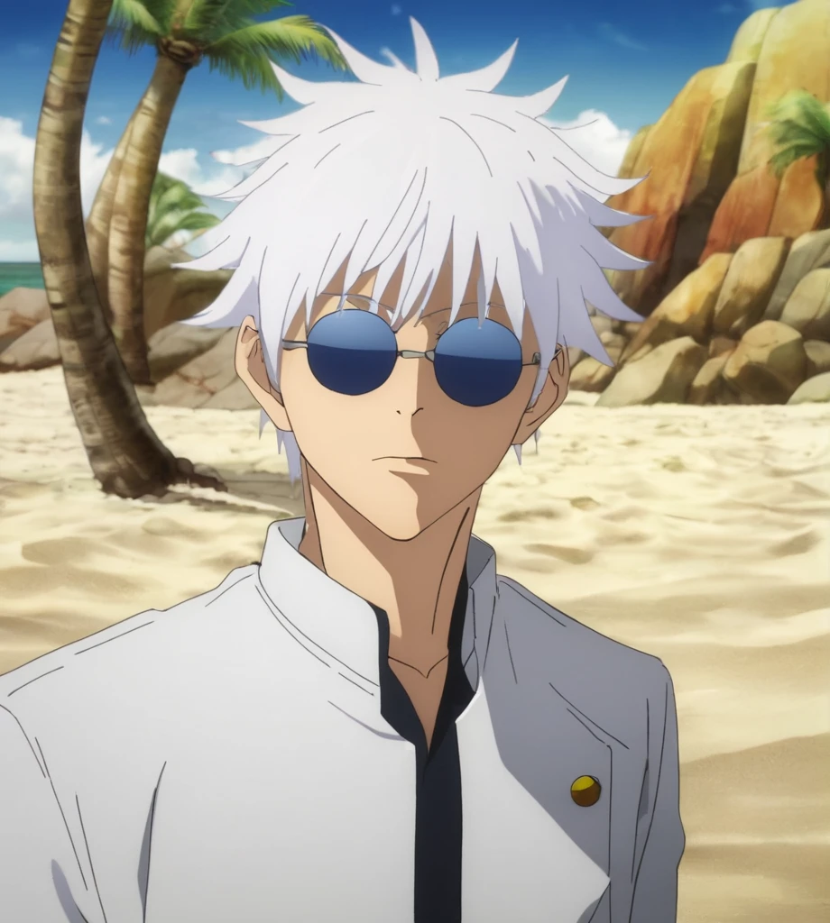 gojou satoru, 1boy, solo, sunglass jacket, gakuran, (masterpiece , best_quality ) , beach, water