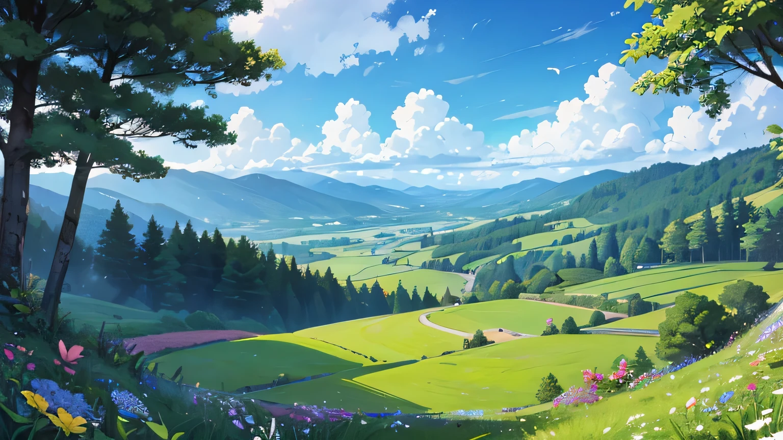 A little valley with a lot of cascades flowers and trees, it's in the morning, big clouds and a shiny day