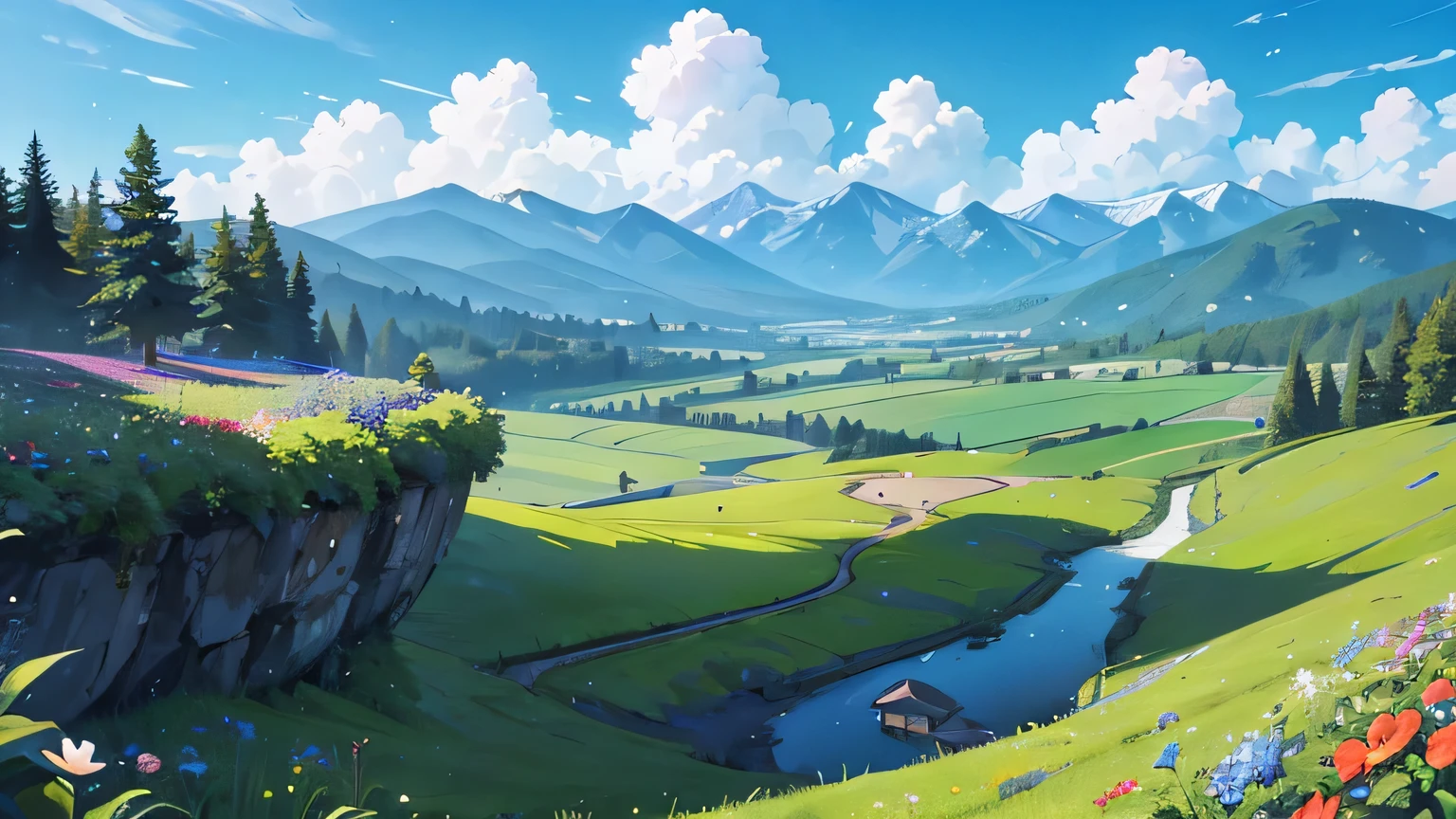 A little valley with a lot of cascades flowers and trees, it's in the morning, big clouds and a shiny day