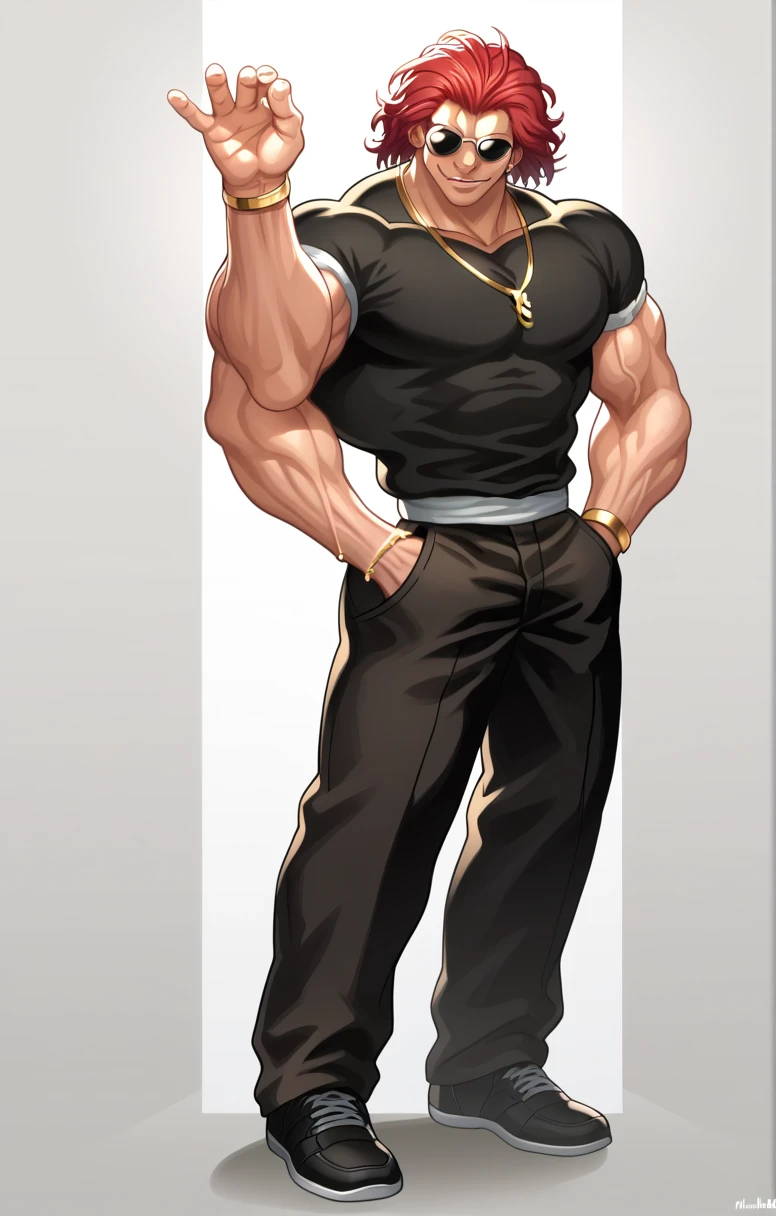 score_9, score_8_up, score_7_up, YujiroHanma, 1boy, male focus, solo, black shirt, muscular male, black pants ,short sleeves, black footwear, (gigant gold necklace:1.6), sunglasses, bracelet, ring, red hair, manly, veins, dynamic lighting, extremely detailed,(from front), looking at viewer,standing, full body, neutral pose,serious expression,slouching, evil smile, hands in pockets, white background