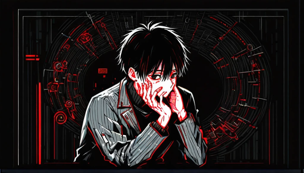 26 year old man with neat straight black hair, in a gray jacket with red details with his hand on his face crouched amid a dark black background( line art)