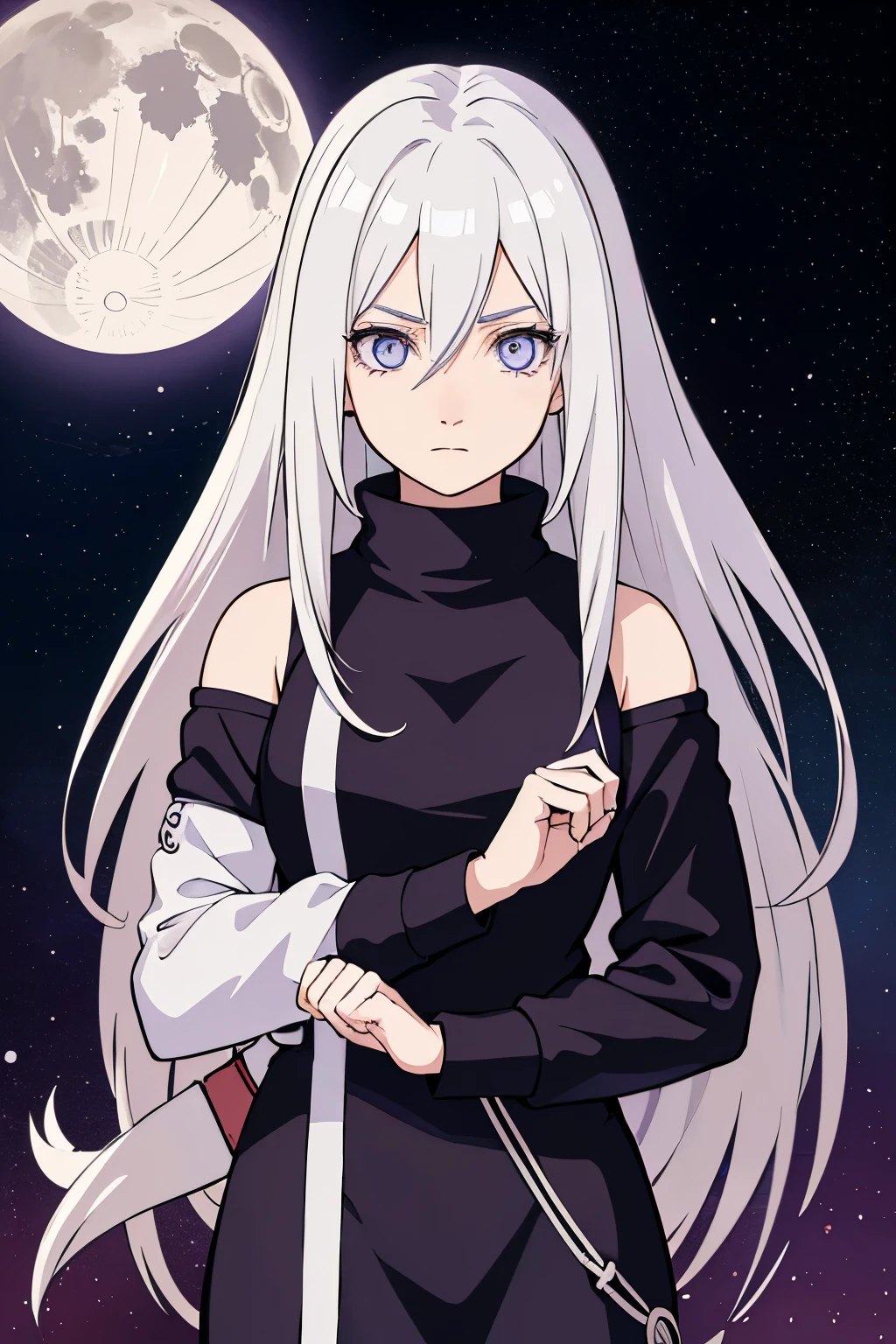 (high-quality, breathtaking),(expressive eyes, perfect face) portrait, Symmetrical Eyes, 1girl, solo, teenager age, short height, white hair, white coloured eyes, byakugan, anime naruto art style, long hair, fluffy hair, feminine face, sky background, moon, open field background, stars, trees, detailed eyes, hyuga, Ōtsutsuki, naruto ninja attire, neutral expression, soft smile, purple and black clothing, white trim, long sleeves, white dress, hair between eyes, bare shoulders, jacket