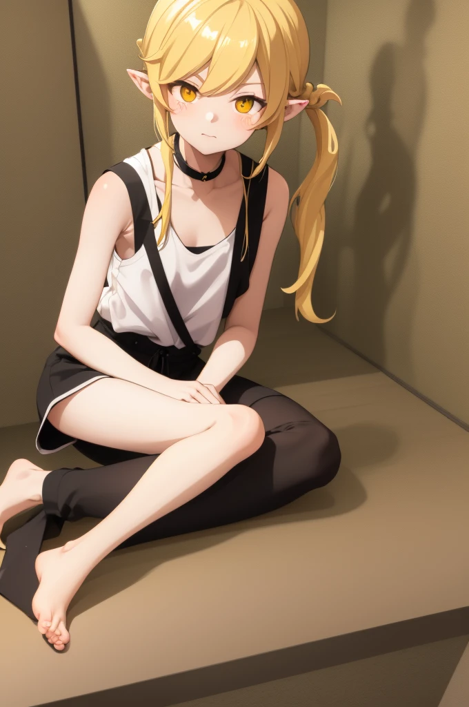 ((best quality)), ((detailed)), oshino shinobu,long hair,standing alone,hair blonde,yellow eyes,pointy ears,skinny,,pigtails,white Tank top,black Shorts,blush stickers,bare shoulders,barefoot,sitting,Underarms, shy,viewer from below,