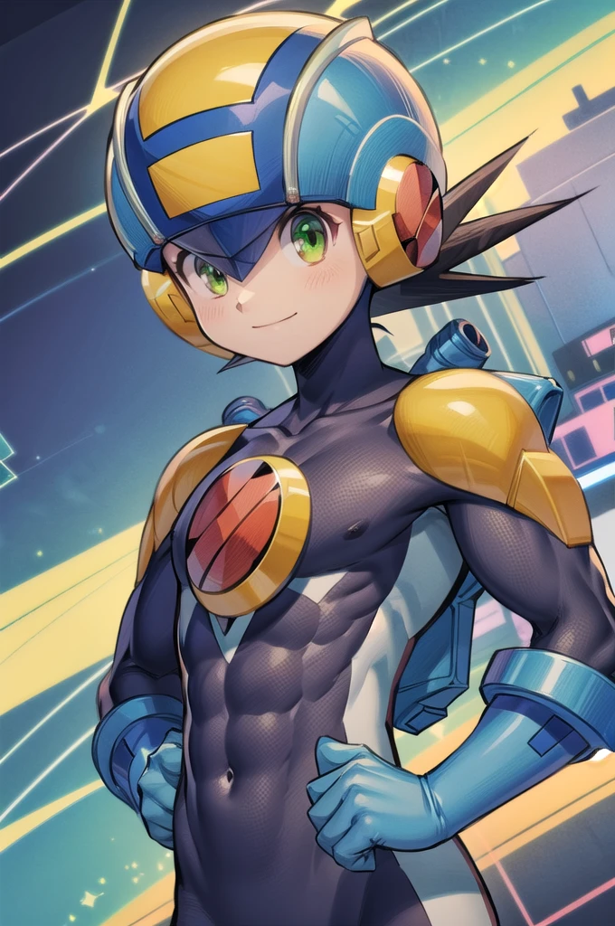 ​masterpiece,best quality,1 boy,megaman.Exe,megaman,black hair,green eyes,helmet,blue headwear,Body,covered collarbone,yellow shoulder armor,gloves,smile,thumbs up,Cyberspace,Science-Fiction,upper body,dutch angle, (extremely muscular)), (, muscular legs , muscular arms, muskulöser upper body, muscular abdominal muscles , muscular shoulders,)