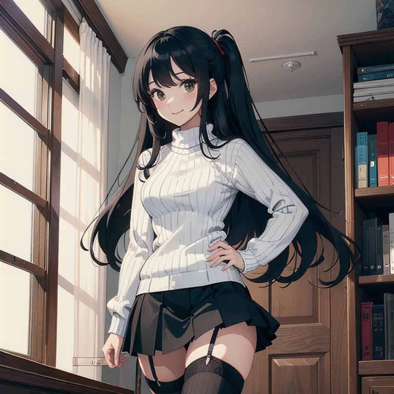 Ultra High Resolution, 16k, ((Masterpiece)), ((Best Quality))), ((Ultra Detailed)), Upper Body View, A Girl, Long Black Hair, Student Uniform, Smiling, Standing in the Hallway, anime, black eyes, long black hair with square bangs, very long black hair, super long black hair, skirt and stockings, ((black thigh highs)), ((garter)), adult, hourglass figure, nerdy, bed, books, PC desktop, laptop, (happy), (((ribbed white sweater)))