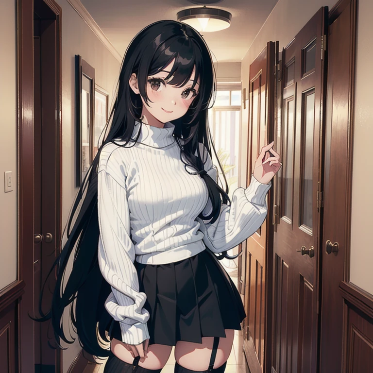 Ultra High Resolution, 16k, ((Masterpiece)), ((Best Quality))), ((Ultra Detailed)), Upper Body View, A Girl, Long Black Hair, Student Uniform, Smiling, Standing in the Hallway, anime, black eyes, long black hair with square bangs, very long black hair, super long black hair, skirt and stockings, ((black thigh highs)), ((garter)), adult, hourglass figure, nerdy, bed, books, PC desktop, laptop, (happy), (((ribbed white sweater)))