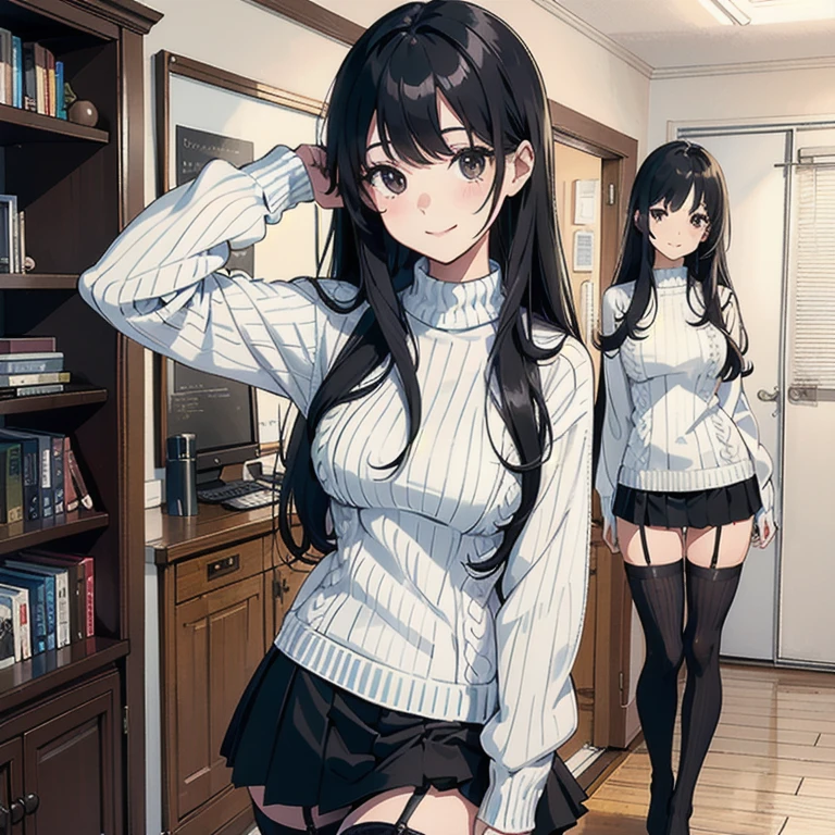 Ultra High Resolution, 16k, ((Masterpiece)), ((Best Quality))), ((Ultra Detailed)), Upper Body View, A Girl, Long Black Hair, Student Uniform, Smiling, Standing in the Hallway, anime, black eyes, long black hair with square bangs, very long black hair, super long black hair, skirt and stockings, ((black thigh highs)), ((garter)), adult, hourglass figure, nerdy, bed, books, PC desktop, laptop, (happy), (((ribbed white sweater)))