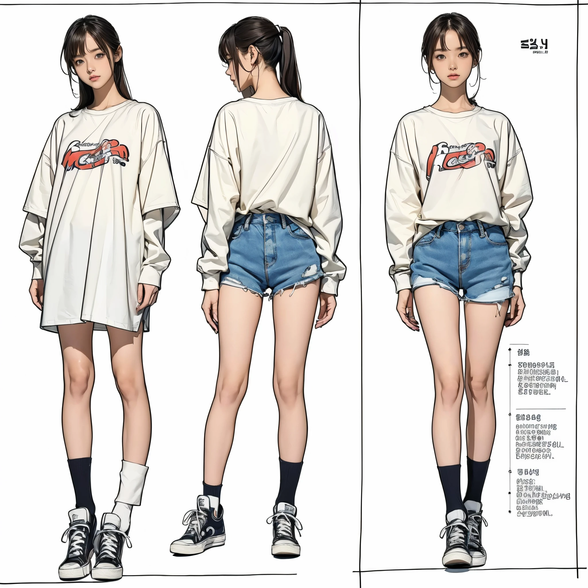 ((masterpiece,best quality;1.3,best illustration)),((character design sheet)) headphone, 1 woman,19 year old attractive beauty, Wearing the, seoul, Wearing short pants, long oversized shirt, converse sneakers, without socks,