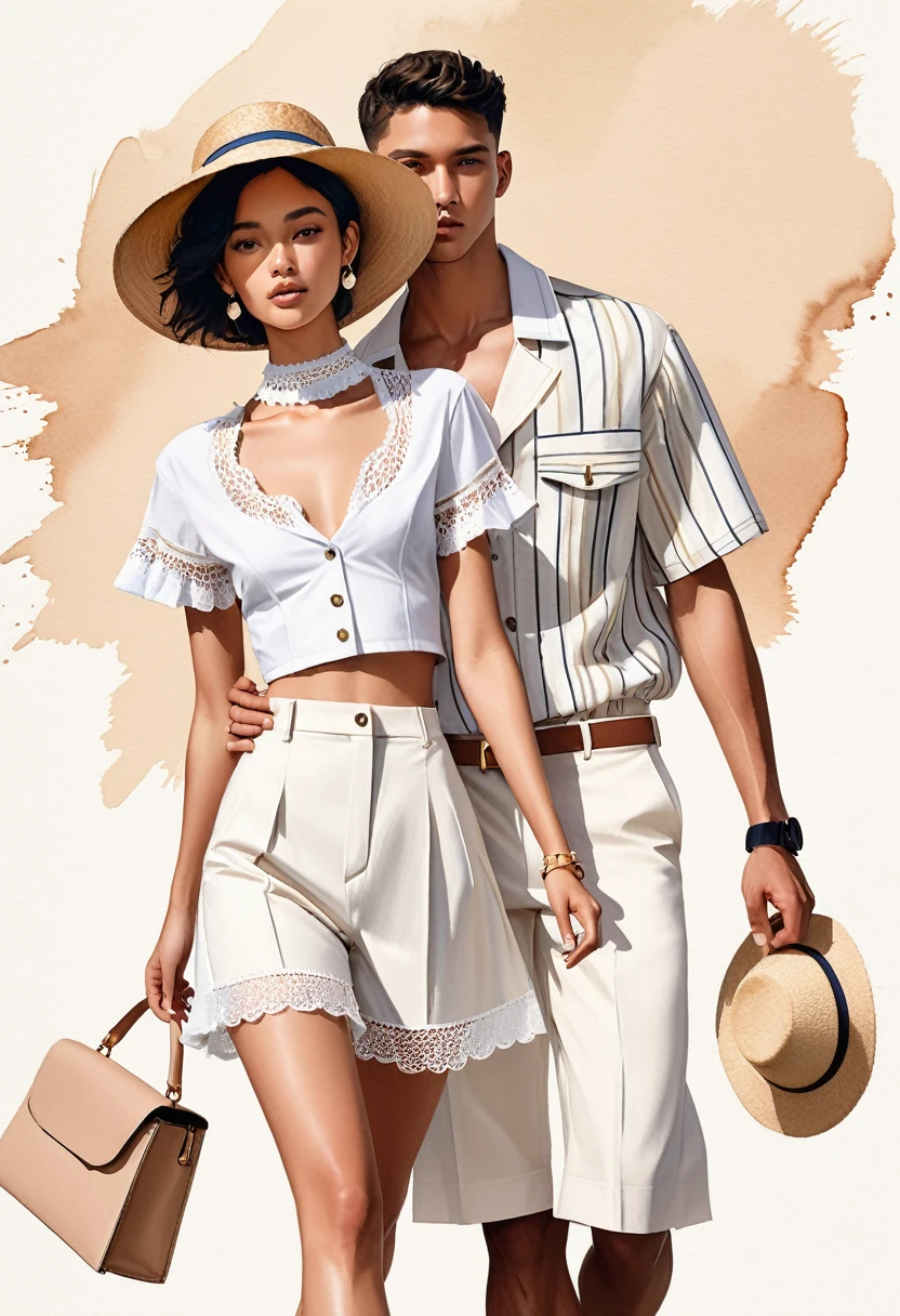 candid fashion illustration of young Mixed race man and woman, both aged 25 year old, ((showcase fashion look book in mixed pale Earth-tone outfits)), inspired by Jacquemus's resort collection 2022, in elegant young chic nautica style. The man wears an oversized short-sleeved stripe shirt lace details, paired with relaxed-fit white Wide Leg short pants, comfortable and a classic silhouette. He completes his look with white sneakers and round glasses. The woman complements him in a white mini sun-dress, in cotton woven fabric frill-trimmed neckline with minimal lace detail, Her ensemble includes an accessorizes with a brimmed straw hat, white sneakers, Captured in a dynamic angle, ((full-body image)), ((imperfect pale water color background)), sketching, realistic drawing, imperfect water color drawing, fashion look book, fashion illustrator, sketch design, Chic Boho, water color palette, wooden.