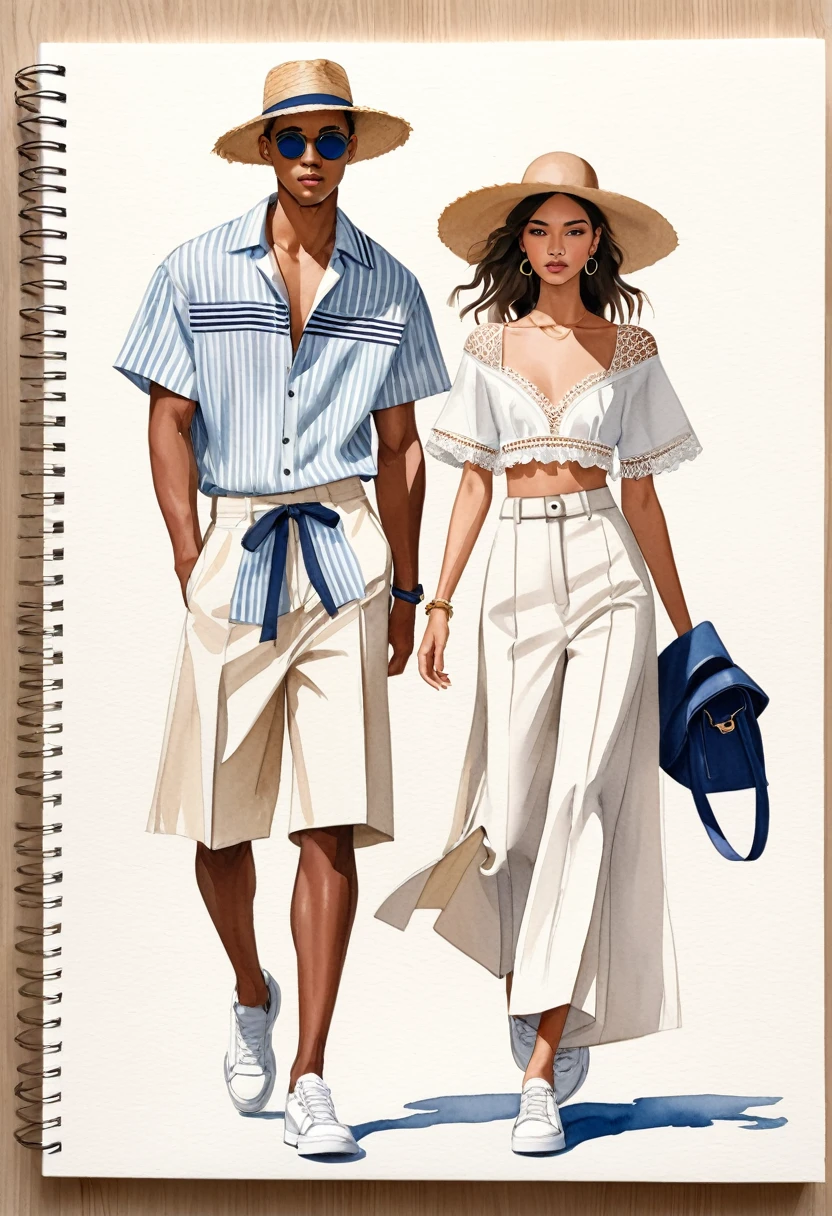 candid fashion illustration of young Mixed race man and woman, both aged 25 year old, ((showcase fashion look book in mixed pale Earth-tone outfits)), inspired by Jacquemus's resort collection 2022, in elegant young chic nautica style. The man wears an oversized short-sleeved stripe shirt lace details, paired with relaxed-fit white Wide Leg short pants, comfortable and a classic silhouette. He completes his look with white sneakers and round glasses. The woman complements him in a white mini sun-dress, in cotton woven fabric frill-trimmed neckline with minimal lace detail, Her ensemble includes an accessorizes with a brimmed straw hat, white sneakers, Captured in a dynamic angle, ((full-body image)), ((imperfect pale water color background)), sketching, realistic drawing, imperfect water color drawing, fashion look book, fashion illustrator, sketch design, Chic Boho, water color palette, wooden.