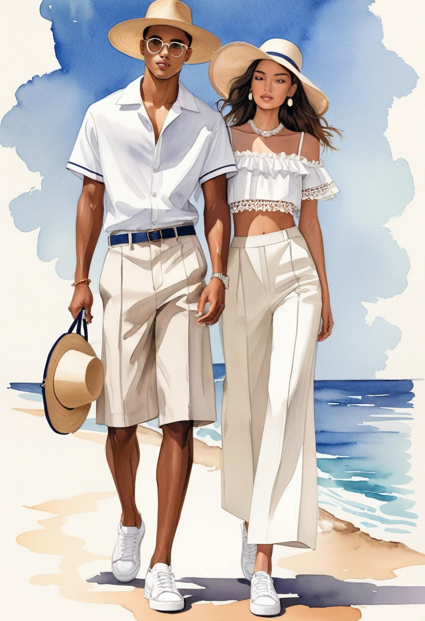 candid fashion illustration of young Mixed race man and woman, both aged 25 year old, ((showcase fashion look book in mixed pale Earth-tone outfits)), inspired by Jacquemus's resort collection 2022, in elegant young chic nautica style. The man wears an oversized short-sleeved stripe shirt lace details, paired with relaxed-fit white Wide Leg short pants, comfortable and a classic silhouette. He completes his look with white sneakers and round glasses. The woman complements him in a white mini sun-dress, in cotton woven fabric frill-trimmed neckline with minimal lace detail, Her ensemble includes an accessorizes with a brimmed straw hat, white sneakers, Captured in a dynamic angle, ((full-body image)), ((imperfect pale water color background)), sketching, realistic drawing, imperfect water color drawing, fashion look book, fashion illustrator, sketch design, Chic Boho, water color palette, wooden.
