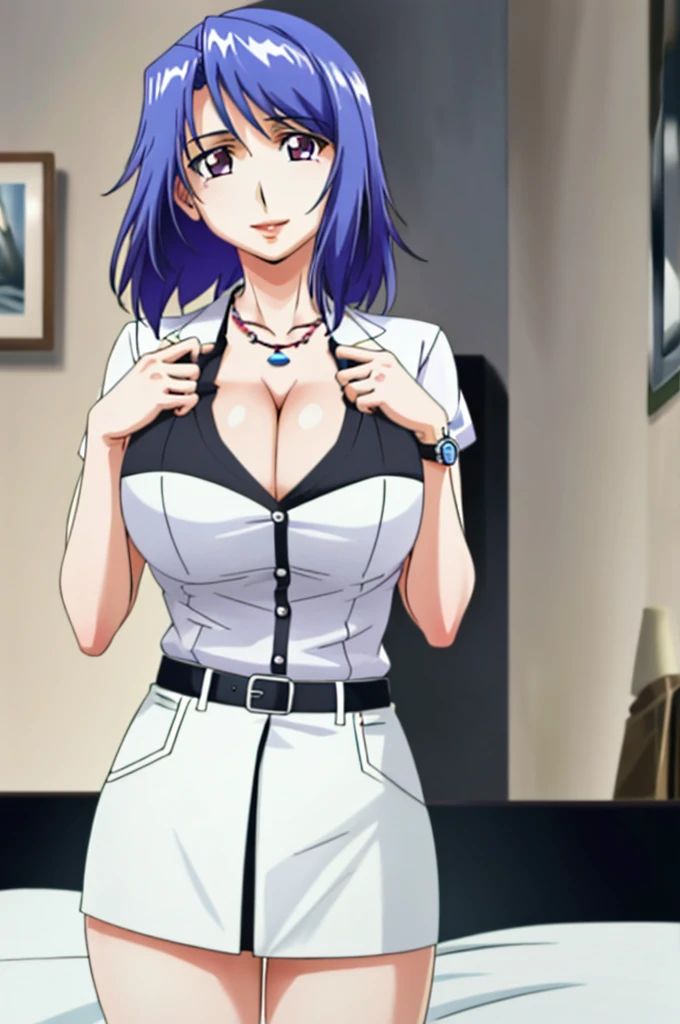 ((best quality)), ((highly detailed)), masterpiece, (detailed eyes, deep eyes), (1girl), cowboy shot, mai_katsuragi, short hair, purple eyes, white shirt, black miniskirt, necklace, jewelry, 1girl, bracelet, large breasts, black hair, miniskirt, long hair, cleavage, blurry, lips, large breasts, necklace, watch, depth of field, ring, standing, realistic, solo, blurry background, sweet smile, Office suit