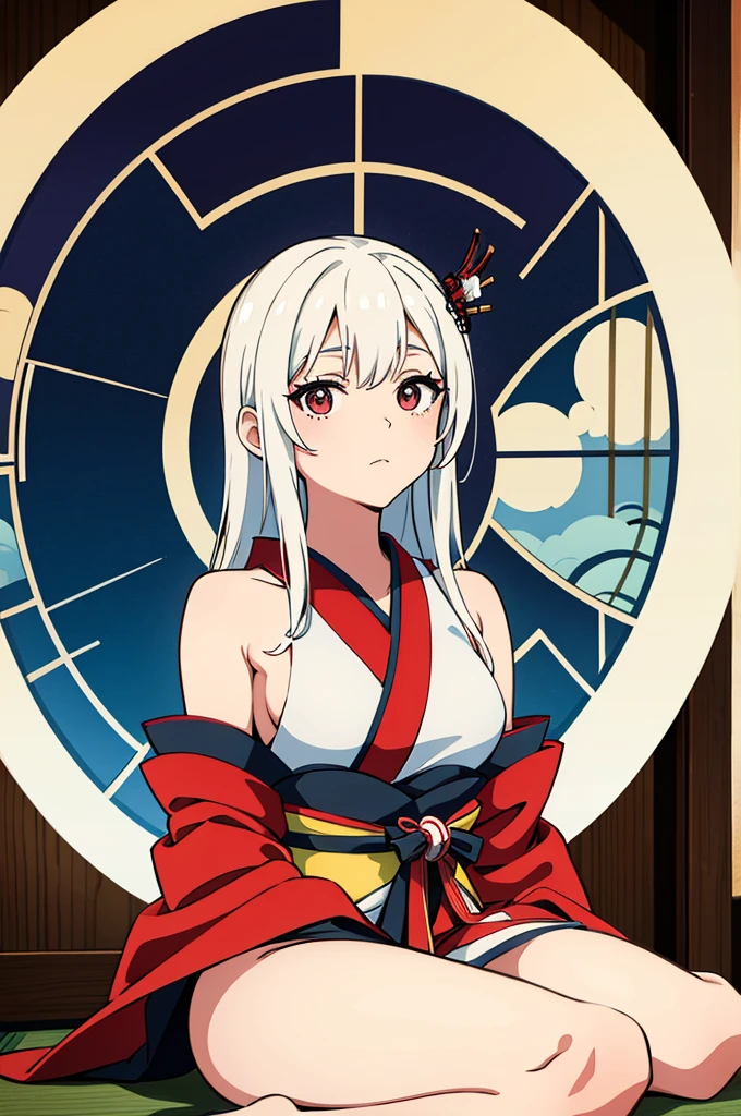 Geisha with white, tied hair sitting inside a traditional Japanese room and a circular window
