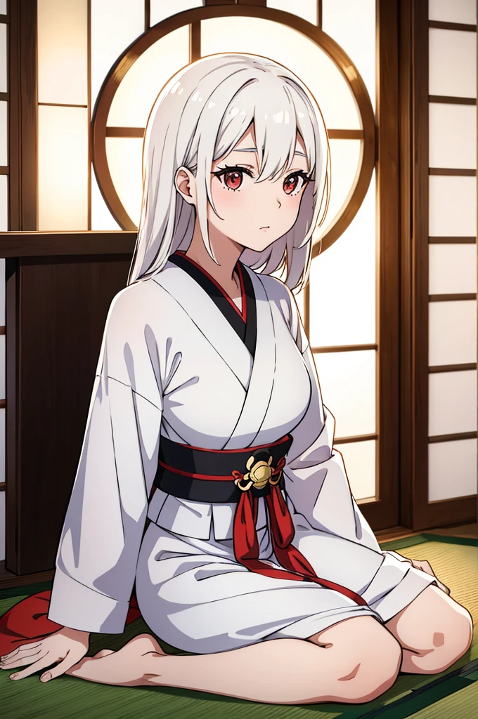 Geisha with white, tied hair sitting inside a traditional Japanese room and a circular window
