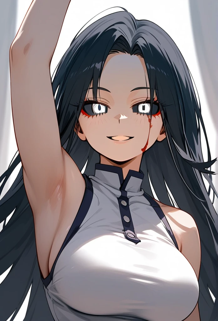 masterpiece, zoom out, score_9, score_8_up, score_7_up, portrait, 1 girl, alone, black hair, long hair, long parted bangs, white eyes, black sclera, (blood tears, small smile), evil, parted lips, expressionless, big breasts, upper body, V-neck strap basic dress, black bottom, best quality, long split bangs, Boku no Hero academia