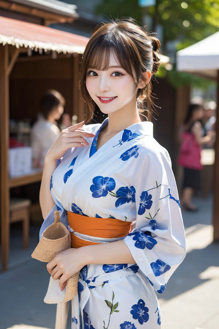Summer festival stalls shaved ice , Highest quality, shape, Very detailed, In detail, High resolution, 8k wallpaper, Perfect dynamic composition, Beautiful details,  Natural Lip, Cute yukata, Big Breasts, She is smiling in a cute pose.., A masterpiece of the whole body, Full Body Shot