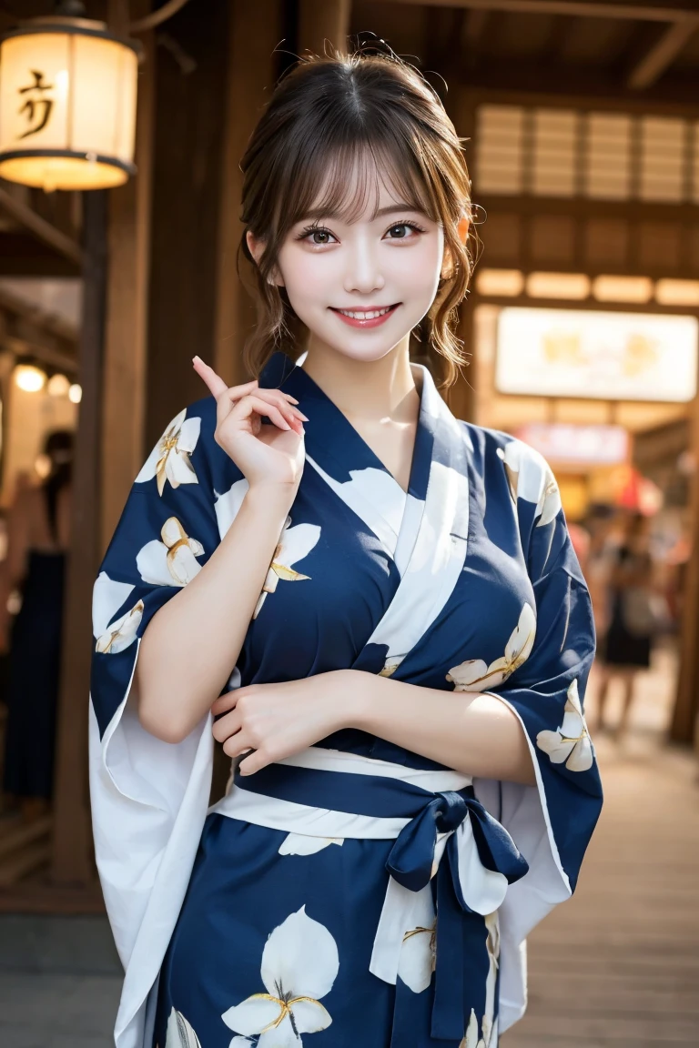 Summer festival stalls shaved ice , Highest quality, shape, Very detailed, In detail, High resolution, 8k wallpaper, Perfect dynamic composition, Beautiful details, Natural Lip, Cute yukata, Big Breasts, She is smiling in a cute pose.., A masterpiece of the whole body, Full Body Shot