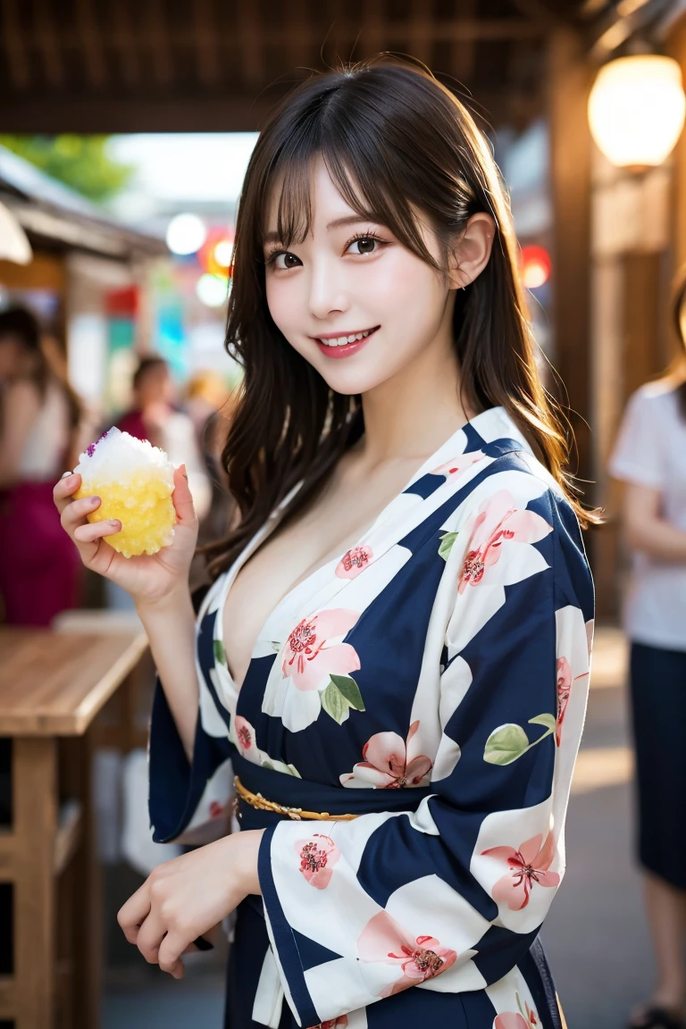 Summer festival stalls shaved ice , Highest quality, shape, Very detailed, In detail, High resolution, 8k wallpaper, Perfect dynamic composition, Beautiful details,  Natural Lip, Cute yukata, Big Breasts, She is smiling in a cute pose.., A masterpiece of the whole body, Full Body Shot