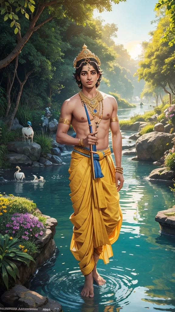 Generate an image of Lord Krishna standing gracefully by the serene river Yamuna, playing his enchanting flute. He is wearing a vibrant yellow dhoti and a crown made of peacock feathers. His skin is a deep blue, and he is surrounded by mesmerized cows and gopis (village girls), who are captivated by his music. The background is lush with greenery and blooming flowers, with a golden glow of the setting sun.