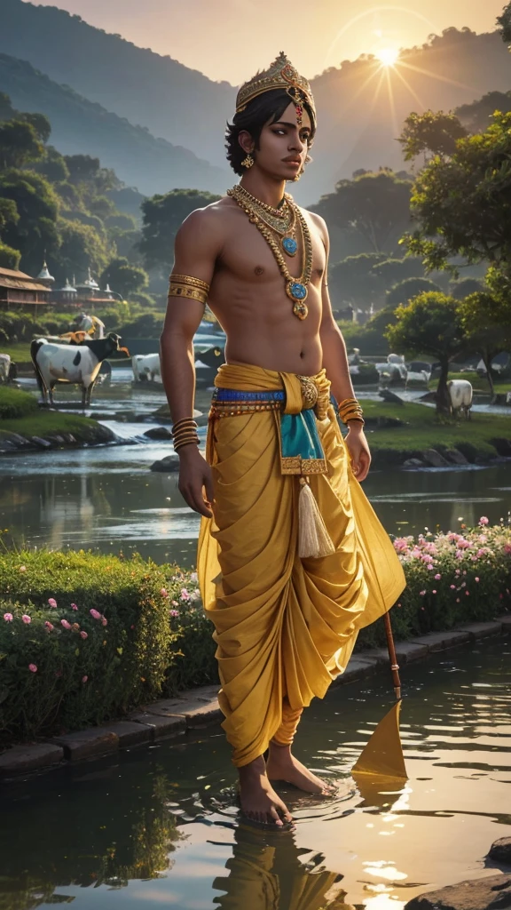 Generate an image of Lord Krishna standing gracefully by the serene river Yamuna, playing his enchanting flute. He is wearing a vibrant yellow dhoti and a crown made of peacock feathers. His skin is a deep blue, and he is surrounded by mesmerized cows and gopis (village girls), who are captivated by his music. The background is lush with greenery and blooming flowers, with a golden glow of the setting sun.